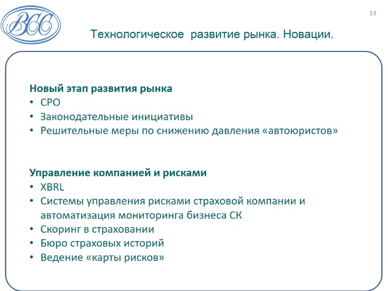 Технологическое  развитие рынка. Новации.  14       